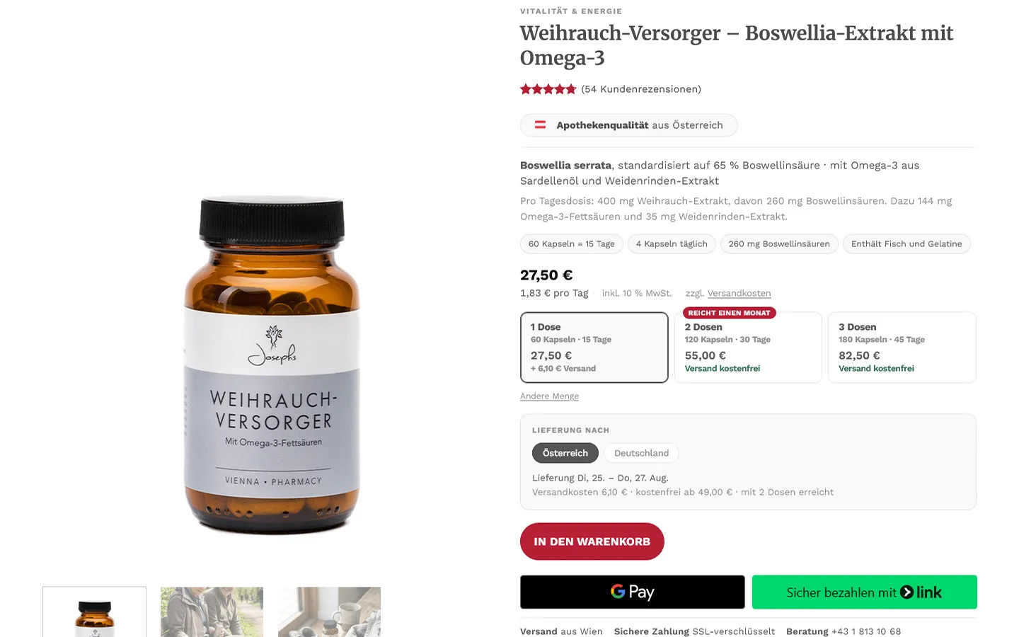 Product page in the Josephs shop